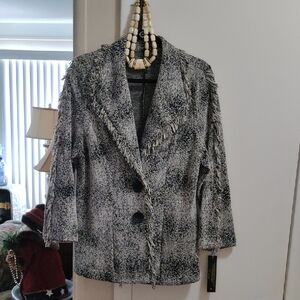 Women's Black and Gray Tweed Jacket With Fringe. Connie K Collection.